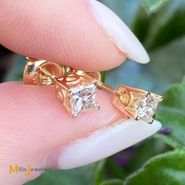 14K YELLOW GOLD 0.58ctw Princess Cut Natural Diamond Stud Earrings $549 ...
