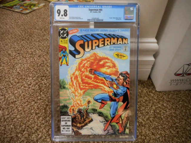 Superman 45 cgc 9.8 DC 1990 Jerry Ordway cover story art MINT WHITE pgs fire