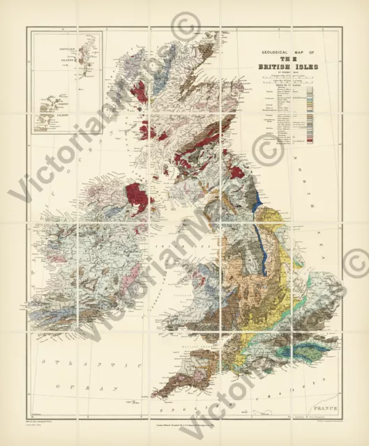 UK British Isles Great Britain geological map Best & Stanford 1893 print poster