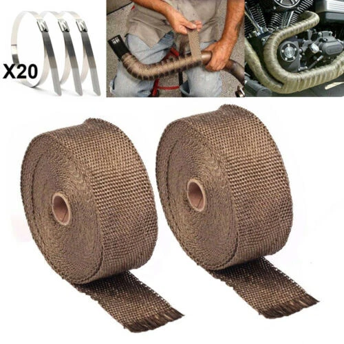 2 Roll x 2" 50FT Titanium Exhaust Header Fiberglass Heat Wrap Tape + 20 Ties Kit