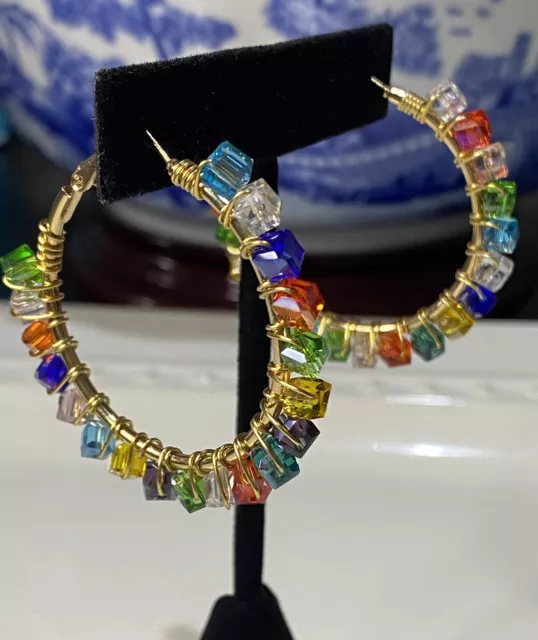 Hypoallergenic Multi-Color Glass Crystal Bead Hoop Pierced Earrings, Gold Plated