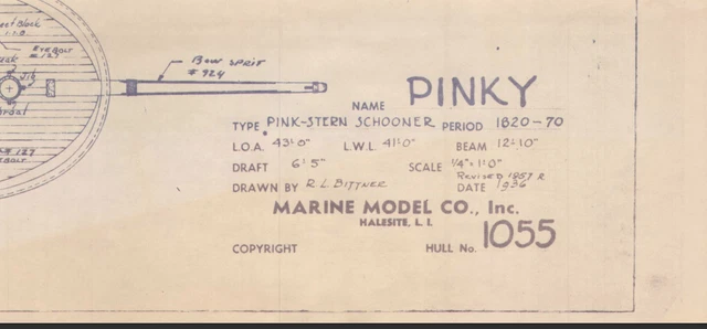Boat Ship Model 1936 Blueprint Plans Marine Model Pinky Schooner Hull No. 1055