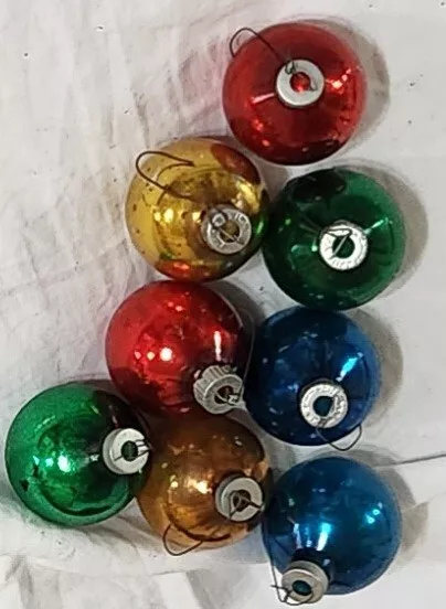 8 Vtg Shiny Brite Red Grn Blue Gold Mercury Glass 1.25" Christmas Tree Ornaments