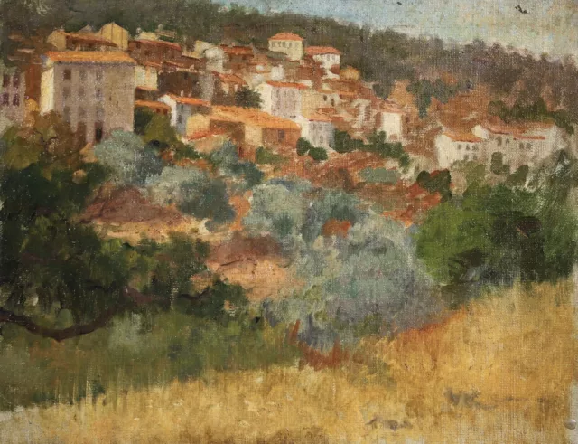 1913 French Post Impressionist Oil On Board - Bormes Village In The Var