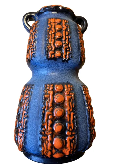west german art pottery fat lava vase. Dumler &Breiden. 30cm. Blue. Orange.1960s