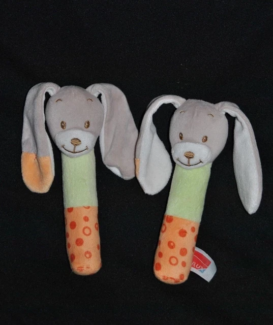 Lot 2 Peluche Doudou Lapin INFLUX CORA  Bâton Chien Pouet Vert Orange 18 Cm TTBE