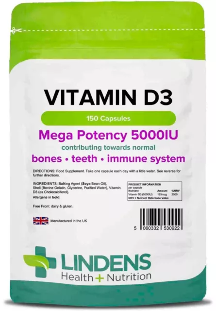 VITAMIN D3 5000IU High Strength 150 Capsules Soft Gel Immune Health Lindens