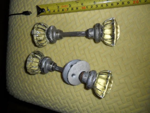 2 pairs of Vintage Door Knobs Handles Cut Glass Crystal  Plates Old Antique
