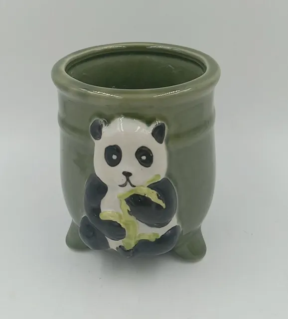 Majolica Panda  Bear Cub  Glazed Ceramic  Planter Vase Makeup Brush Holder 4"