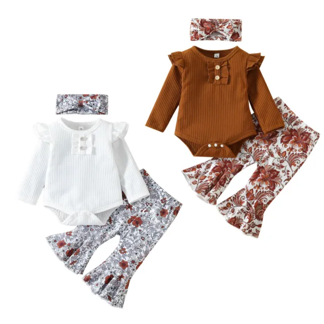 Toddler Baby Girl Floral Outfits Long Sleeve Romper Top+Flare Pants+Headband Set
