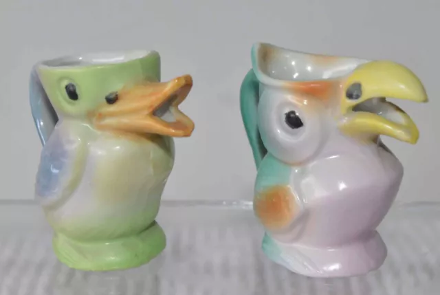2 Different Vintage Germany Handpainted Parrot Ceramic Creamers/Pitchers