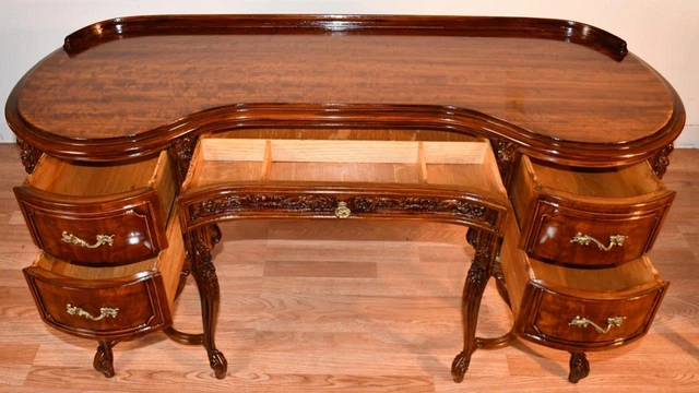 1920 Antique French Louis XV carved Walnut Vanity ladies Desk Mirror & Chair SET 4