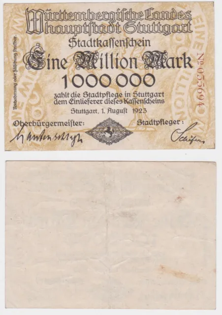 1 Million Mark Banknote Inflation Landeshauptstadt Stuttgart 1.08.1923 (156521)