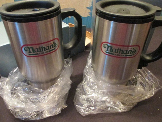(2) "NATHAN'S FAMOUS" Heated Stainless Steel Travel Mugs w/ Auto Plug NIB