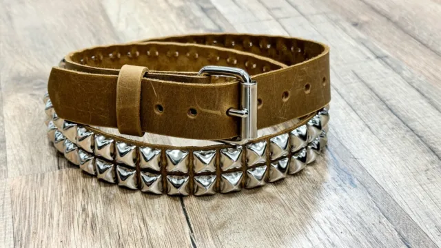 Two Row Pyramid Stud Belt Brown Leather Studded Belt Punk Goth By Funk Plus