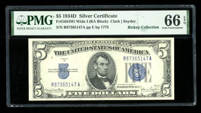 DBR 1934-D $5 Silver Gem Fr. 1654Wi Wide I RA Block PMG 66 EPQ Serial R87365147A