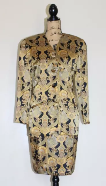Vintage Paul Stanley Black Gold Silk 2 Piece Suit Set Skirt Blazer Women's S/M