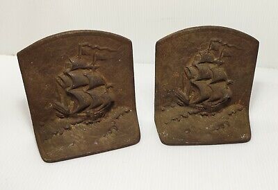 VTG Antique Pair Cast Iron Clipper Ship Boat Bookends w/ Waves