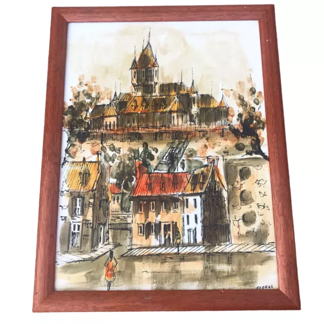 George signed Modern urban   european canvas painting Woman and the City vtg 28”