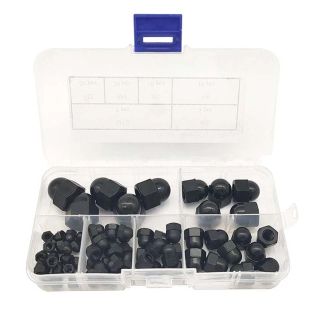 70-Piece Nylon Hex Acorn Nut Set – M3/M4/M5/M6/M8/M10 Assortment, Black Plastic Dome Nuts, Anti-Slip, For Machinery, Furniture, And Vehicles