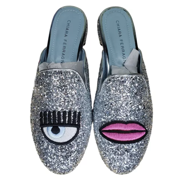 Chiara Ferragni Argento Mule NEW Silver Glitter Flats Size 36 US 5 Italy NIB