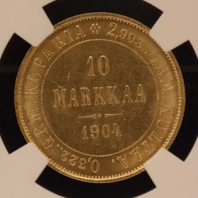 Rare! Russia Finland 1904L Gold 10 Markkaa NGC MS 61