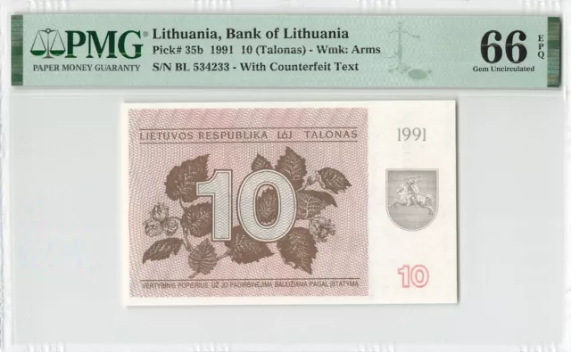 Lithuania 1991 10 Talonas P-35b UNC PMG 66 EPQ