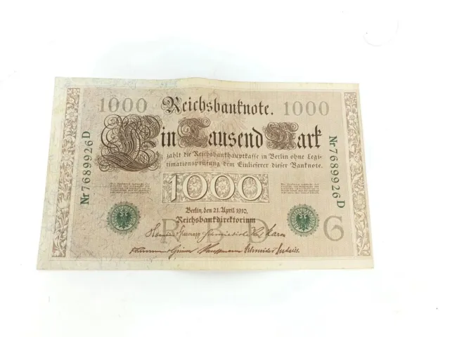 1000 Mark 1910 Reichsbanknote number and stamp green, slightly used