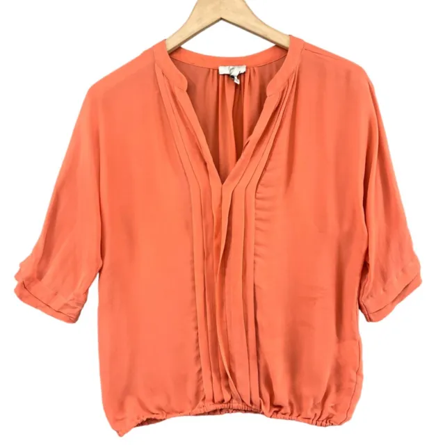 Joie Marru Silk Blouse Womens Coral Orange 3/4 Sleeve Pleated Front Size XS