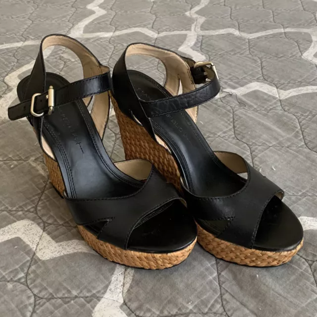 Banana Republic Wedge High Heels Sandals 7.5 Black Buckle Leather Open Toe