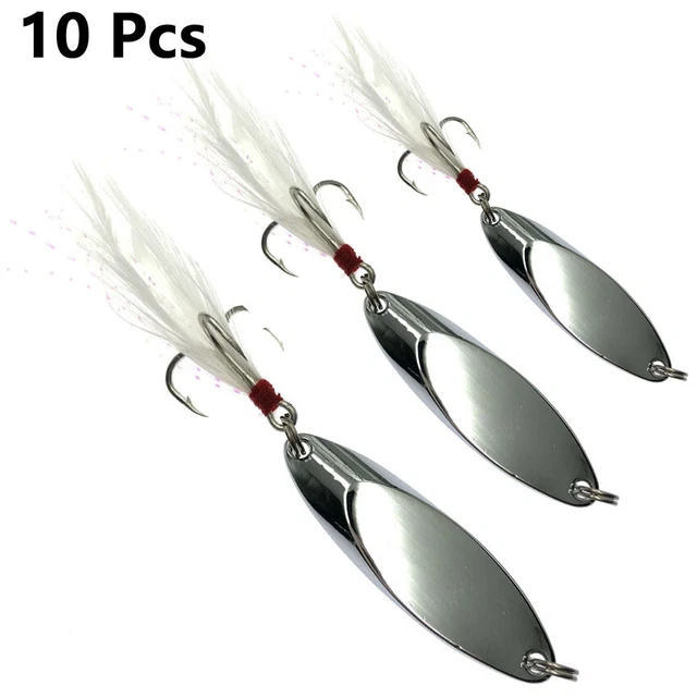 10 Pcs Single Split Ring Metal Spoon Treble Hook Stainless Steel Bait Feather