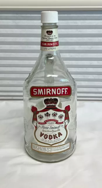 Vintage Smirnoff  Vodka EMPTY Bottle with Cap 1.75L w/ Handle Embossed Glass