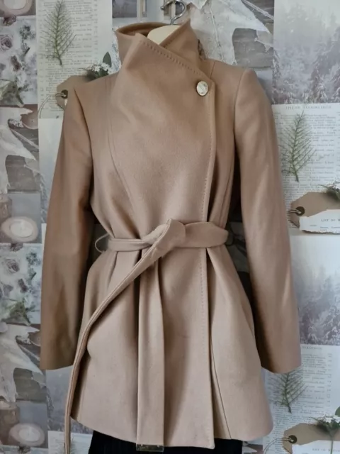 Ted Baker Paria Camel Wrap Collar Belted Short Winter Jacket Coat Size 3 UK 12