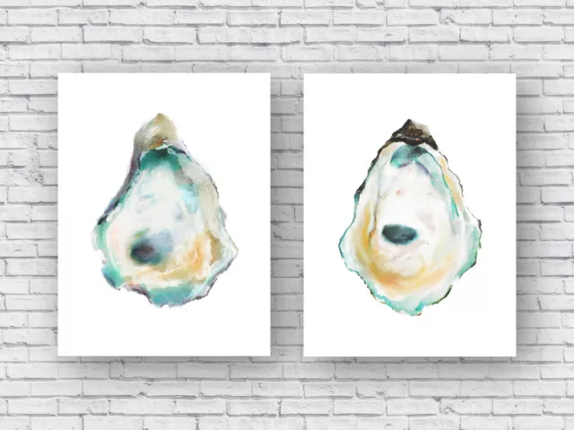 Oyster Shell Watercolor Painting Print, Set of 2 Diptych Poster Beach House Art