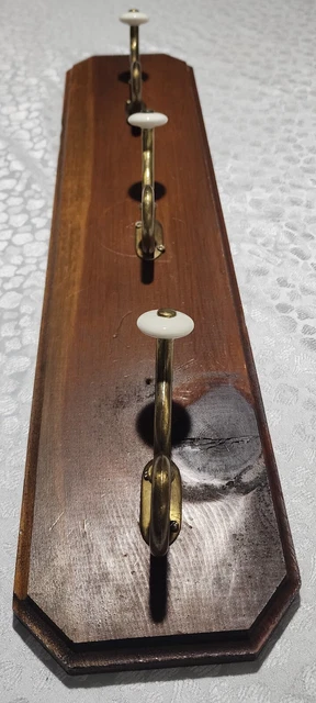 Vintage1940s , wood w/Brass&Porcelain hanger Wall Mounted Vertical Coat Hat Rack 3