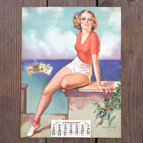 Vintage Crandell LUCKY STRIKE Accent on Youth Pinup Lithograph Calendar 1939 NOS