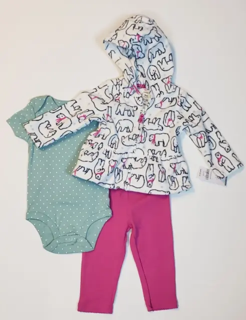 Carters Infant 3 Piece Set Polar Bear Fleece Zip Up Green Body Suit Pink Pant 9M