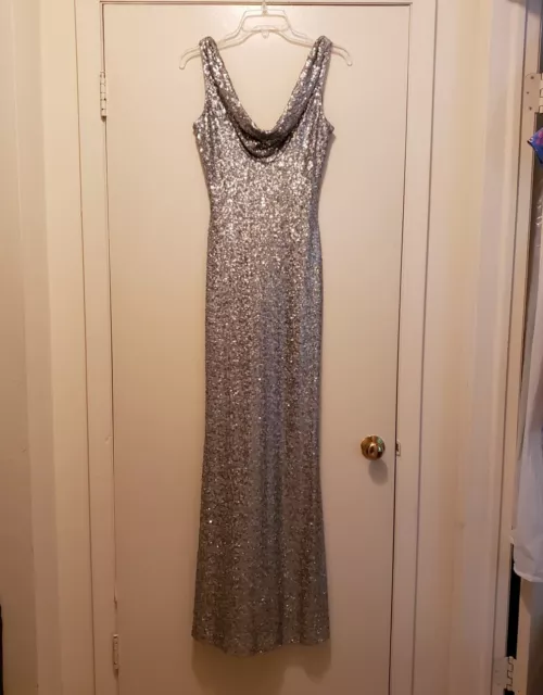 Badgley Mischka Belle Silver Sequin Cowl Neck Gown Wedding Dress Bridal Glamour