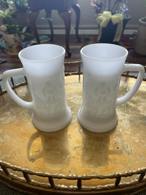 Pair Of Vintage Federal Milk Glass Beer Stein With Tavern Scene