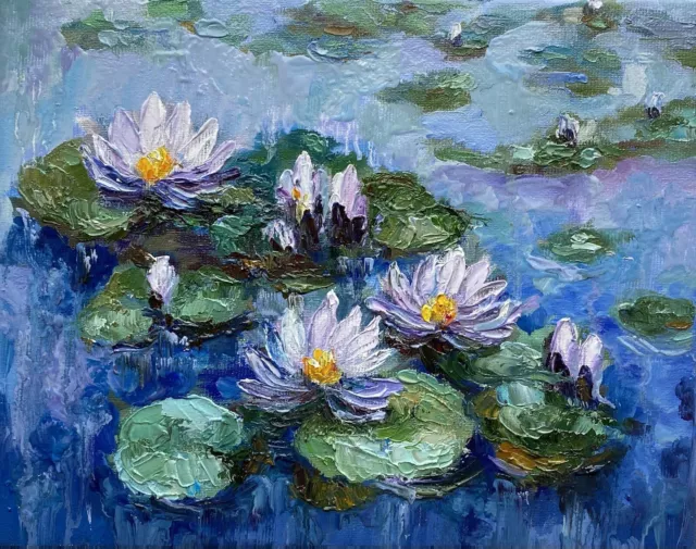 Original Art Water Lily Painting  Lotus Art Oil Canvas Floral Painting Pond Art