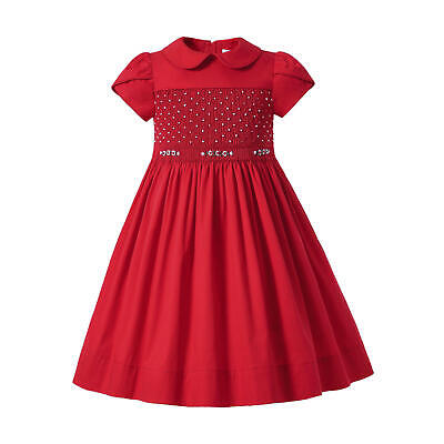 Girls Smocked Dress Christmas Party Princess Pleated Dresses Red Short Sleeve