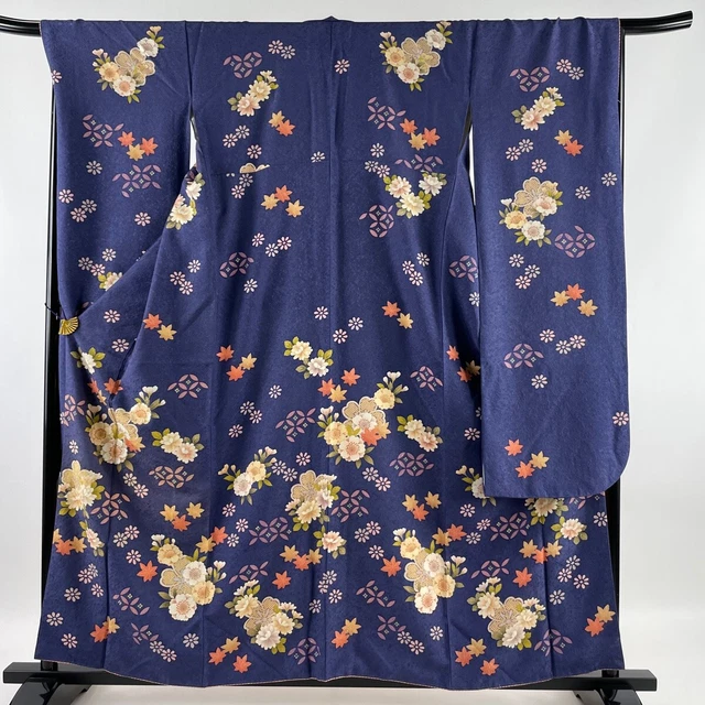 Japanese Silk Kimono Vintage Furisode Gold Flower Treasure Embroidery Purple 62"