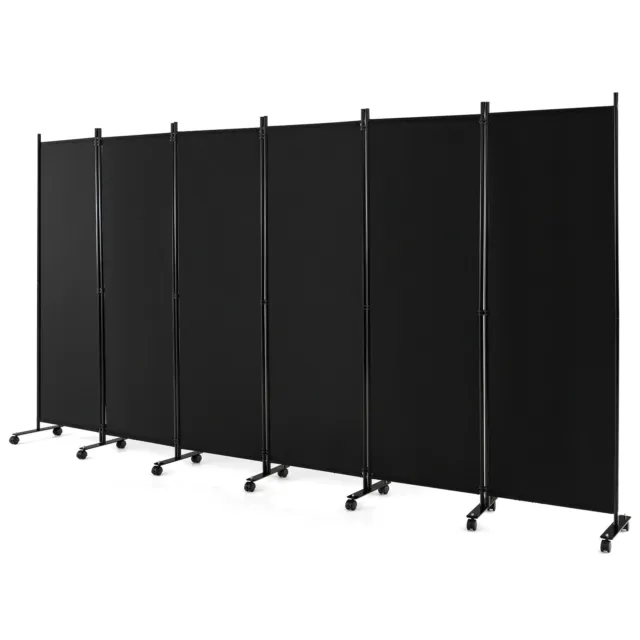 6-Panel Folding Room Divider 6FT Rolling Privacy Screen w/ Lockable Wheels Black