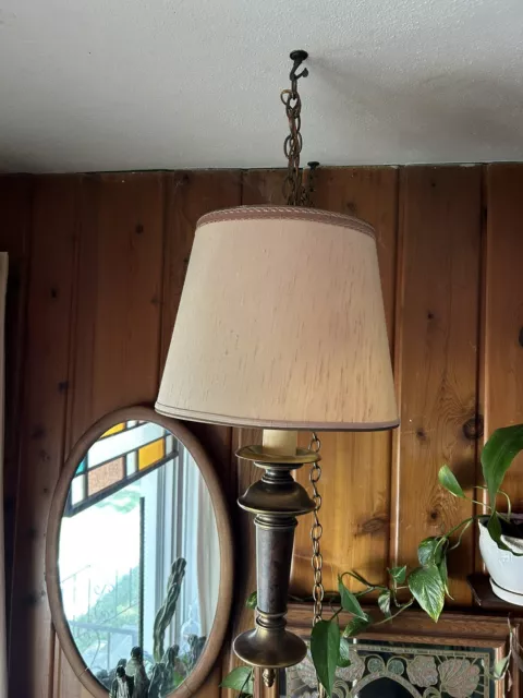MCM Swag Lamp Vintage Hanging Light Pendant Wooden Brass Spindle