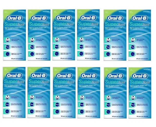 12 hebras precortadas Oral-B Super Floss, como nuevas, 50 hebras precortadas cada una