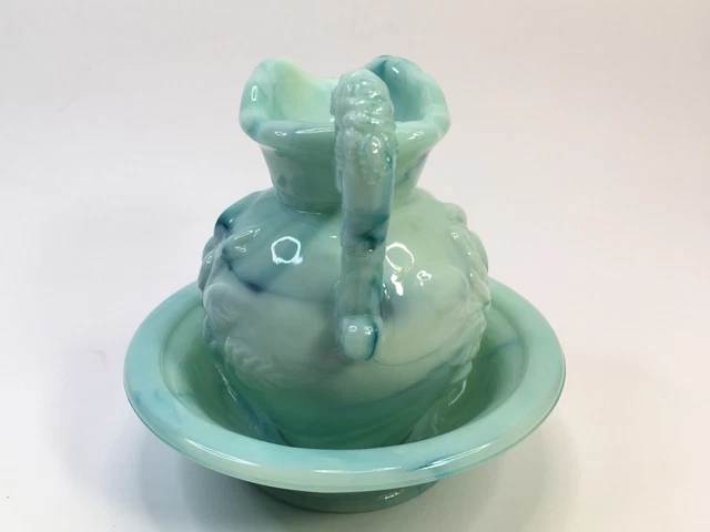 Vintage Avon Aqua Blue Green Mini Bowl & Pitcher Set Jadite Glass Victorian Rose