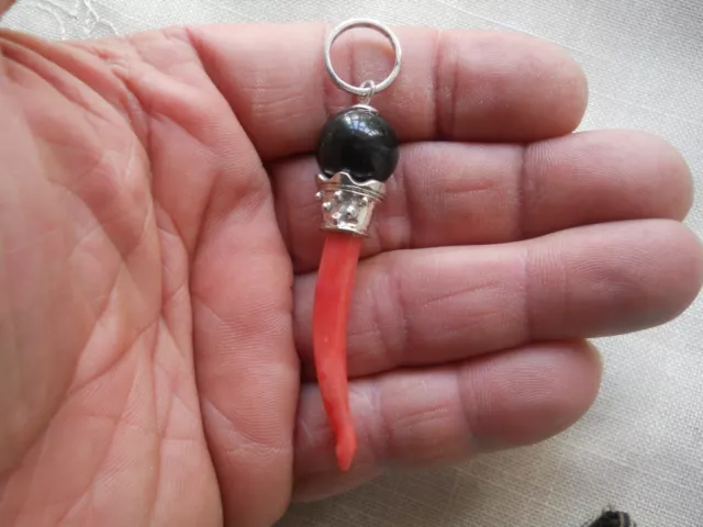 Ciondolo Amuleto Grande Corno In Corallo Rosso  Del Giappone   E Arg,925
