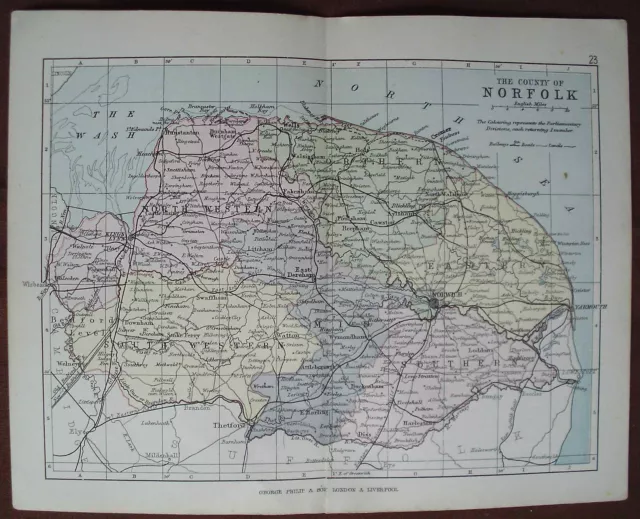 Antique colour county map Norfolk late Victorian George Philip - Railways