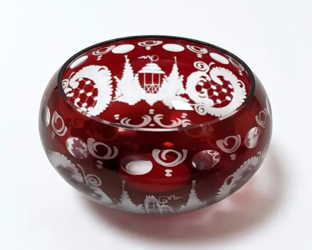 Vintage Bohemian Ruby Red Cut To Clear Art Glass Bowl Egermann Czech