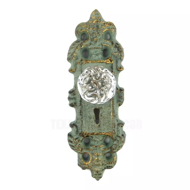 Victorian Door Plate Wall Coat Hook Glass Knob Keyhole Vintage Cast Iron